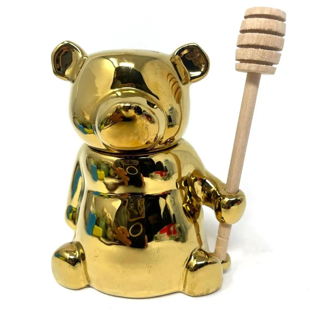 Anthropologie Gold Ceramic Bear Honey Pot Jar With Wooden Dipper Spoon